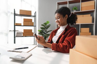 Bu bir iş fikri. Afro-Amerikalı kadınlar sipariş almak ve internet üzerinden paket teslimatı yapmak için evlerinde dizüstü bilgisayarla satış yapıyorlar..