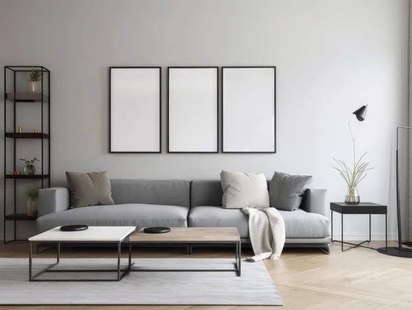 Sala Estar Moderna Cinza Moda Com Quadro Simulado Acima Sofá — Fotografia de Stock