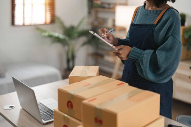 Küçük Çevrimiçi Girişim Konsepti. İş kadını internet üzerinden küçük işletme kuruyor. Sipariş ve mal listelerini yazıyor ve kontrol ediyor...