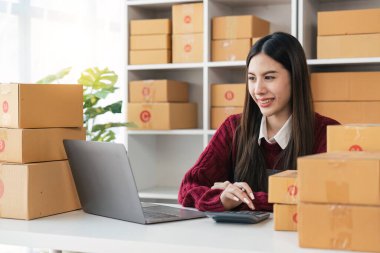 Çevrimiçi iş fikirleri küçük işletme girişimi bir kadın girişimci çevrimiçi siparişleri kontrol etmek ve müşteriler için paketler hazırlamak için dizüstü bilgisayar kullanır.