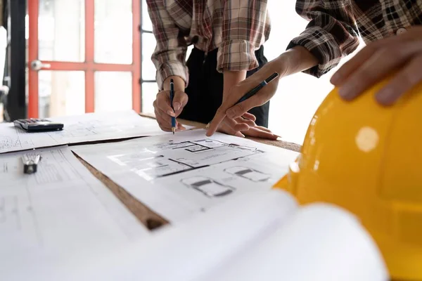 Image Team Engineer Architect Discuss Construction Blueprints New Project Engineering — Stock Photo, Image
