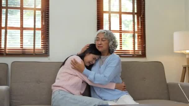 Sad Old Mother Sympathizing Consoling Upset Depressed Young Daughter Crying — Stock Video