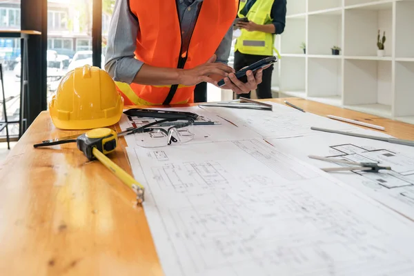Engineer Working Office Blueprints Inspection Workplace Architectural Plan Construction Project — Stock Photo, Image