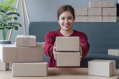 Mutlu genç Asyalı kadın küçük işletme serbest girişimi kucağında paket kutusu ve bilgisayar bilgisayarı, çevrimiçi pazarlama kutu teslimatı konsepti.