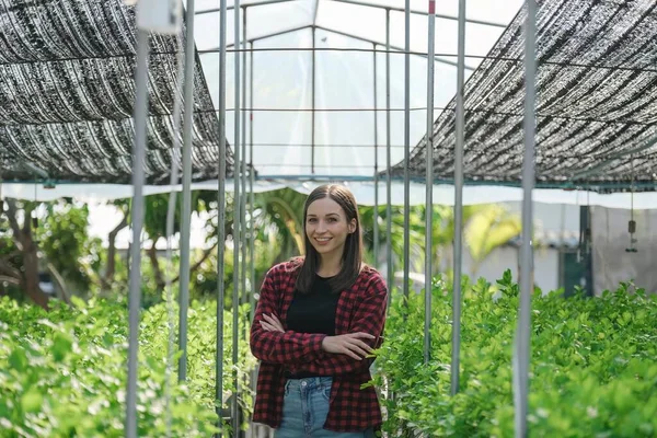 Feliz Joven Agricultora Invernadero Granja Orgánica —  Fotos de Stock