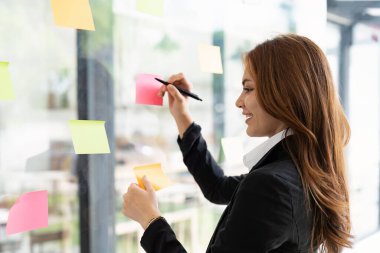 Asyalı iş kadını ofis duvarında kağıt notlarla proje planı yapıyor. Finansal ve Pazarlama Projeleri.