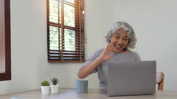 Χαρούμενη Ηλικιωμένη Κυρία Που Βρίσκεται Επαφή Τους Φίλους Την Οικογένειά — Αρχείο Βίντεο
