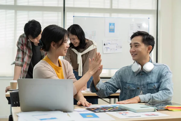 Group Asia Young Creative People Celebrating Giving Five Working Design — Stock Photo, Image