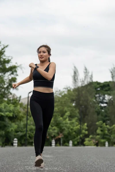 Happy Woman Wearing Sportswear Jogging Park Young Beautiful Asian Female — Stock Photo, Image