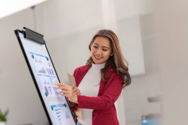 Kadın ofis çalışanı sunumu üzerinde çalışıyor. Beyaz panonun yanında duruyor. Kar raporu finansmanı..