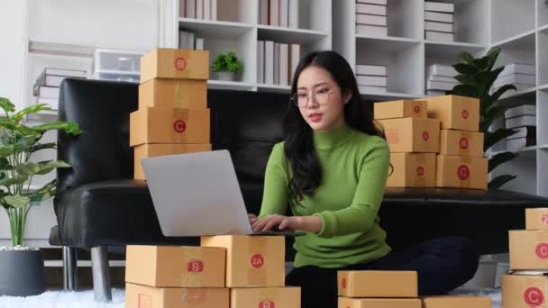 Χαρούμενη Γυναίκα Επιχειρηματίας Που Εργάζονται Φορητό Υπολογιστή Και Την Επιτυχία — Αρχείο Βίντεο