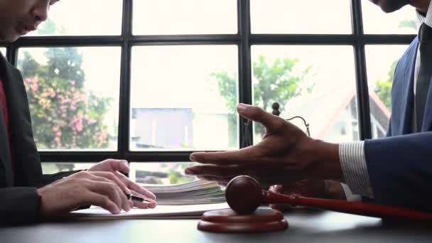 Адвокати Які Читають Статут Обмежень Консультації Між Чоловіками Юристами Бізнес — стокове відео