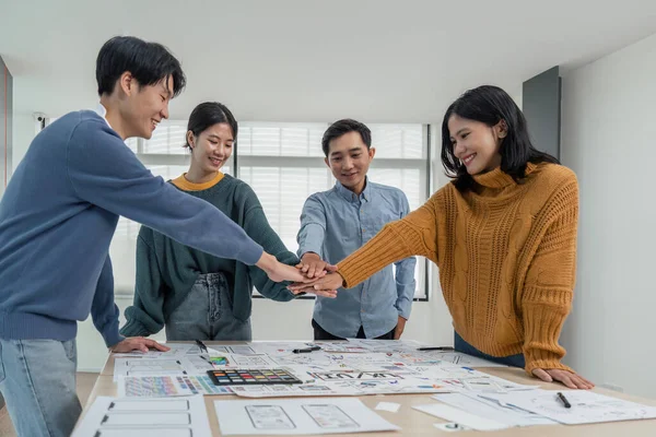 Business Team Developers Graphic Designers Putting Hands Together Working Table — Stock Photo, Image