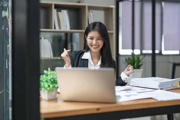 Happy Young Asian Business Woman Celebrating Success Work Office Looking — Stock Photo, Image