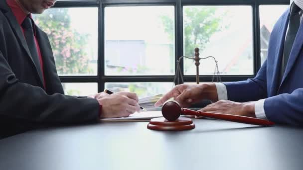 制限の法定を読んでいる弁護士男性弁護士とビジネスクライアント 税務及び法律サービス会社との協議 — ストック動画