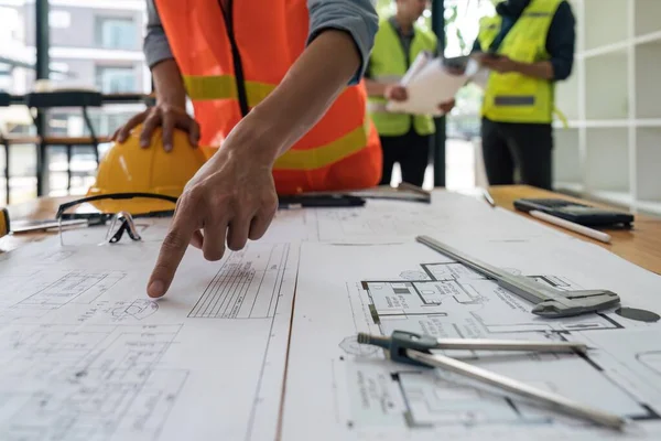 Engineers Working Blueprints Construction Plans Building Engineers Calculate Draft Building — Stock Photo, Image