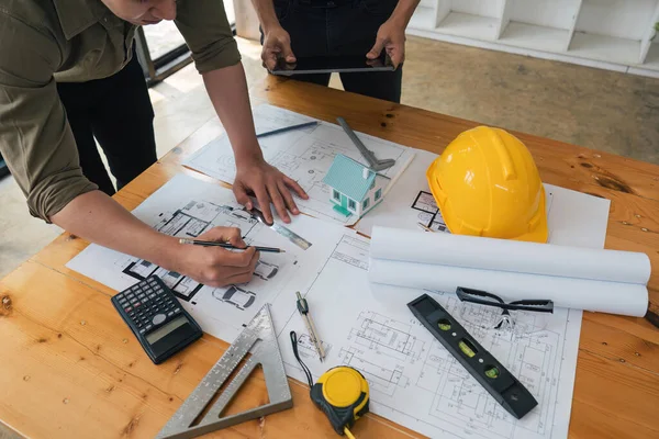 Engineer Team Working Office Blueprints Inspection Workplace Architectural Plan Construction — Stock Photo, Image