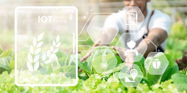 El dokunuşu bitkiler yeşil ve görsel ikon arka planda akıllı çiftçilik. Çocuk odasındaki bitki araştırmaları bilimi.