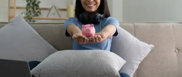 Woman Hands Hold Pink Piggy Bank Concept Saving Money Savings — 스톡 사진