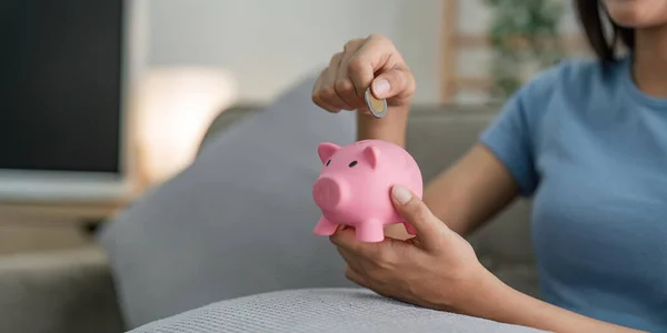 Woman Hands Hold Pink Piggy Bank Puts Coin Concept Saving — Stock Photo, Image