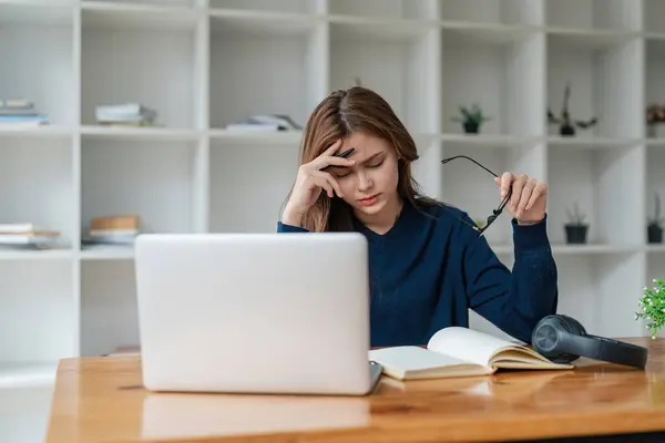 Tired Asian Woman Bored Laptop Sad Frustrated Distance Learning Online — Stock Photo, Image
