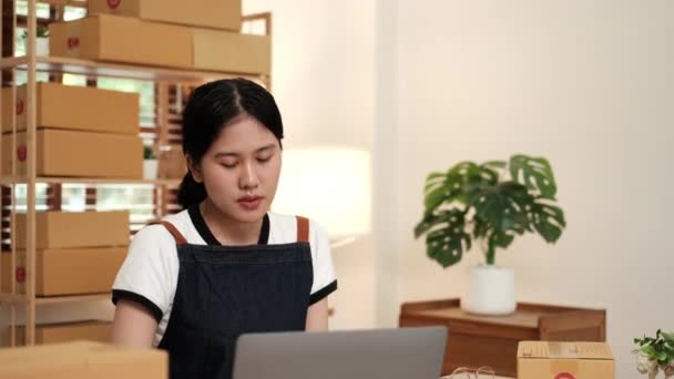 Jeune Femme Asiatique Utilise Ordinateur Portable Vérification Ordre Client Stressé — Video