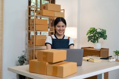 Küçük işletme girişimcisi KME Freelance, dizüstü bilgisayar kullanan genç Asyalı iş kadınının portresi, çevrimiçi pazarlama teslimat kutusu, ekommerce konsepti.