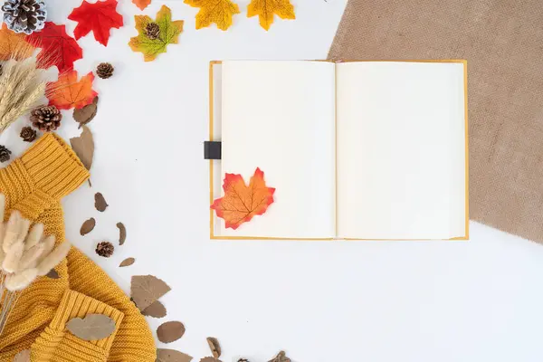 Modern Office Desk Coffee Cup Notebook Yellow Red Autumn Leaves — Stock Photo, Image