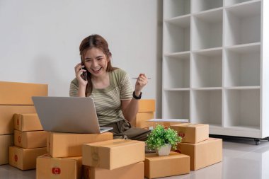 Asyalı kadınlar satış artışıyla başarı kazandılar. Mutlu kadınlar internette dizüstü bilgisayarla ürün satıyor. Başarılı ve mutlu bir kavram..