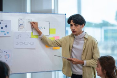 Ux geliştiricisi ve ui tasarımcısı modern ofisin masasında mobil uygulama arayüzü kablo tasarımı hakkında geliştirilmiş gerçeklik beyin fırtınası yapıyorlar. yaratıcı dijital geliştirme ajansı.