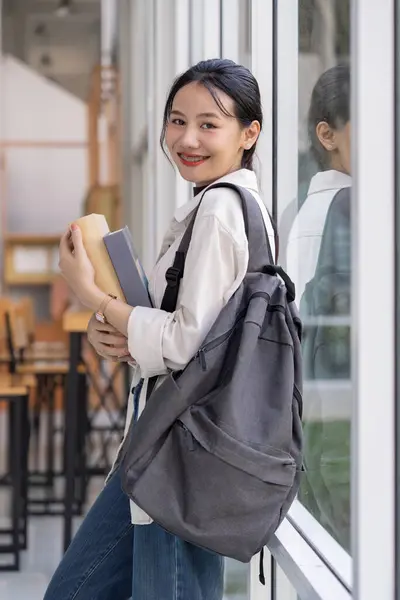 Beautiful Young Woman Asian Backpack Book College Student Carrying Lots — Stock Photo, Image