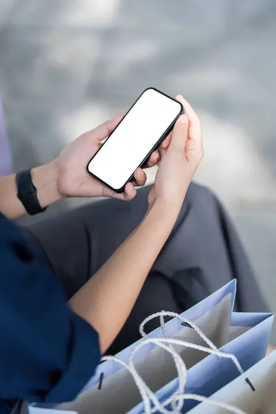 Mobile Phone Female Hand Holding Shopping Mall Concept Shopping Black — Stock Photo, Image