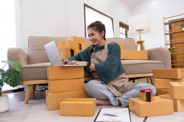 Girişim KOBİ küçük işletme girişimcisi. İnternetten sipariş almak ve gözden geçirmek için dizüstü bilgisayar ve kutu kullanan serbest Asyalı kadın müşterilere, çevrimiçi iş fikirlerine satış hazırlamak için internetten sipariş alıyor ve gözden geçiriyor..