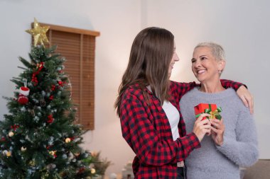 Mutlu anneye hediye veren ve Noel 'de evde kucaklaşan kız..