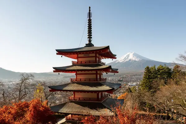 Outono Vermelho Japão Chureito Pagode Fujiyoshida Com Monte Fuji Bonito — Fotografia de Stock