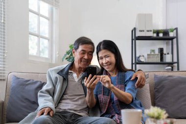 Akıllı telefon kullanan mutlu Asyalı çift evdeki internet sitesinde ekommerce alışverişi yapıyor..