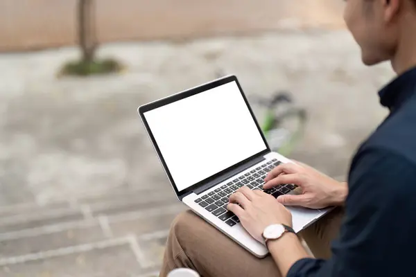 Businessman Typing Mockup Laptop Blank White Screen Urban — Stock Photo, Image