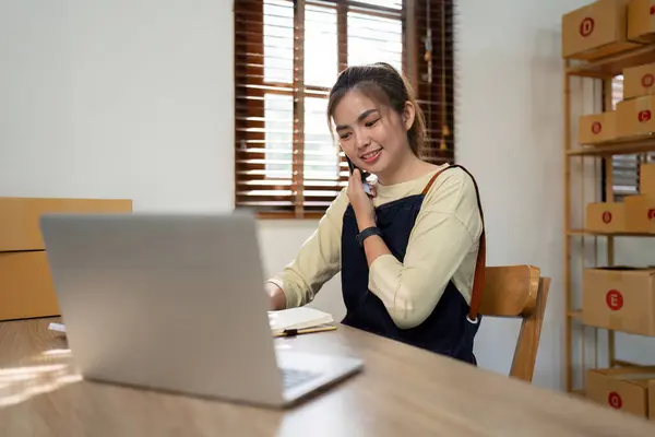 Startup Pyme Pequeño Empresario Pyme Mujer Asiática Freelance Utilizando Ordenador — Foto de Stock