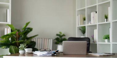 Ofis odasında boş bir işyeri, fotokopi odası. Yeşil bitkilerle dolu bir atmosferik ev ofisinden çalışıyorum..