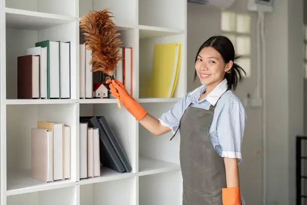 Asian Woman Clean Office Room Office Housekeeper Maid Cleaner Feel — Stock Photo, Image