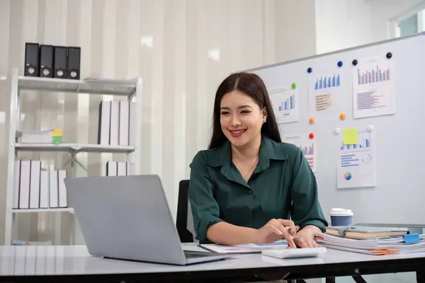 Businesswoman Accountant Using Calculator Laptop Financial Data Saving Office Room — Stock Photo, Image