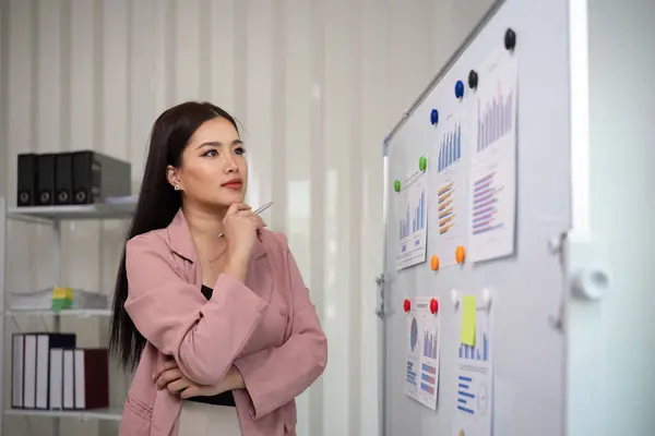 Asian businesswoman or female financial analyst financial analysis and investment plan on a board at office.