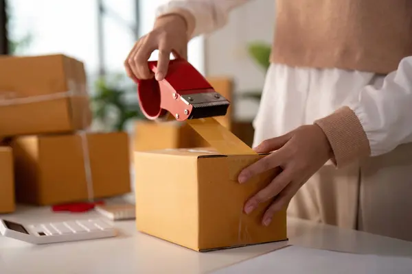 Woman Asian Use Scotch Tape Attach Parcel Boxes Prepare Goods — Stock Photo, Image