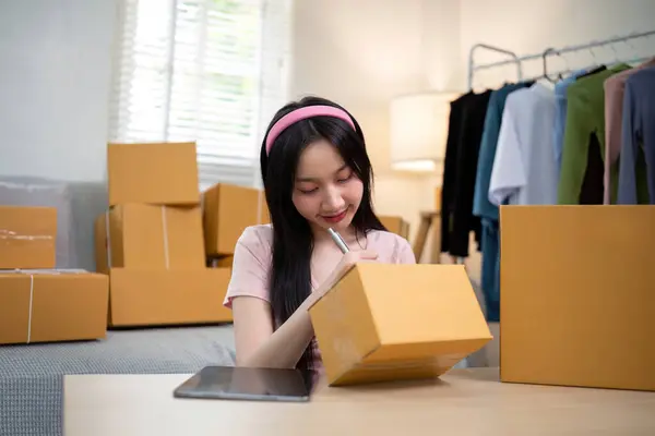 Asian Woman Small Business Entrepreneur Working Home Use Tablet Commercial — Stock Photo, Image