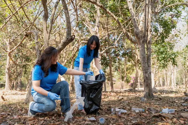 Ormanda plastik çöp toplayan bir gönüllü. Çevre koruma kavramı. Küresel çevre kirliliği. Ormanı temizliyorum..