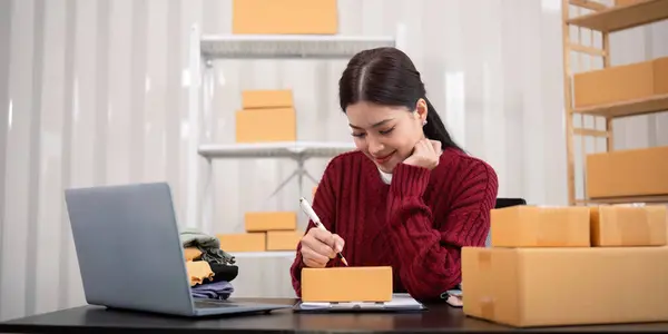 Asian Woman Small Business Entrepreneur Working Home Use Tablet Commercial — Stock Photo, Image