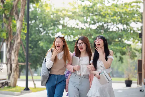 College Friends Walk Class Together University Student Campus Talk Have Stock Picture