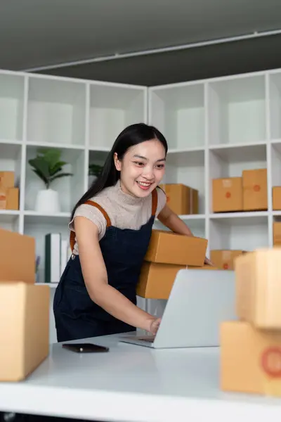 Startup Small Business Entrepreneur Freelance Asian Woman Using Laptop Box Stock Photo