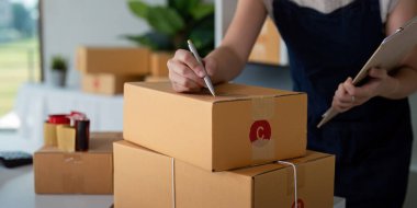İnternetteki bir kadın kutunun üzerindeki müşteri adresini ve paket bilgilerini kontrol eder. Çevrimiçi alışveriş kavramı.