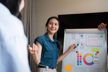 Mobil uygulama arayüzü tasarımını sunan ve test eden ux geliştirici ve ui tasarımcısı modern ofiste beyaz tahta üzerinde. Yaratıcı dijital geliştirme mobil uygulaması.